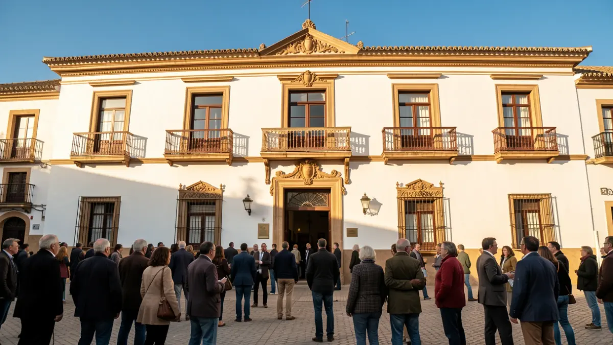 Facade of a traditional Andalusian town hall with ornate balconies and white walls, under the afternoon sunlight.