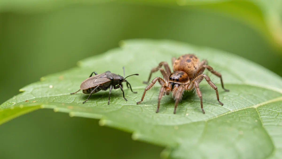 Primer plano de dos insectos pequeños en una hoja, uno invasor y otro autóctono, mostrando la lucha por la supervivencia.