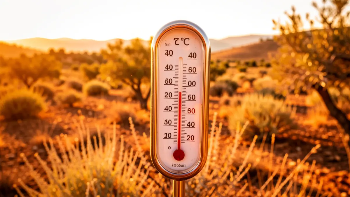 Termómetro marcando más de 40 grados en un paisaje andaluz.