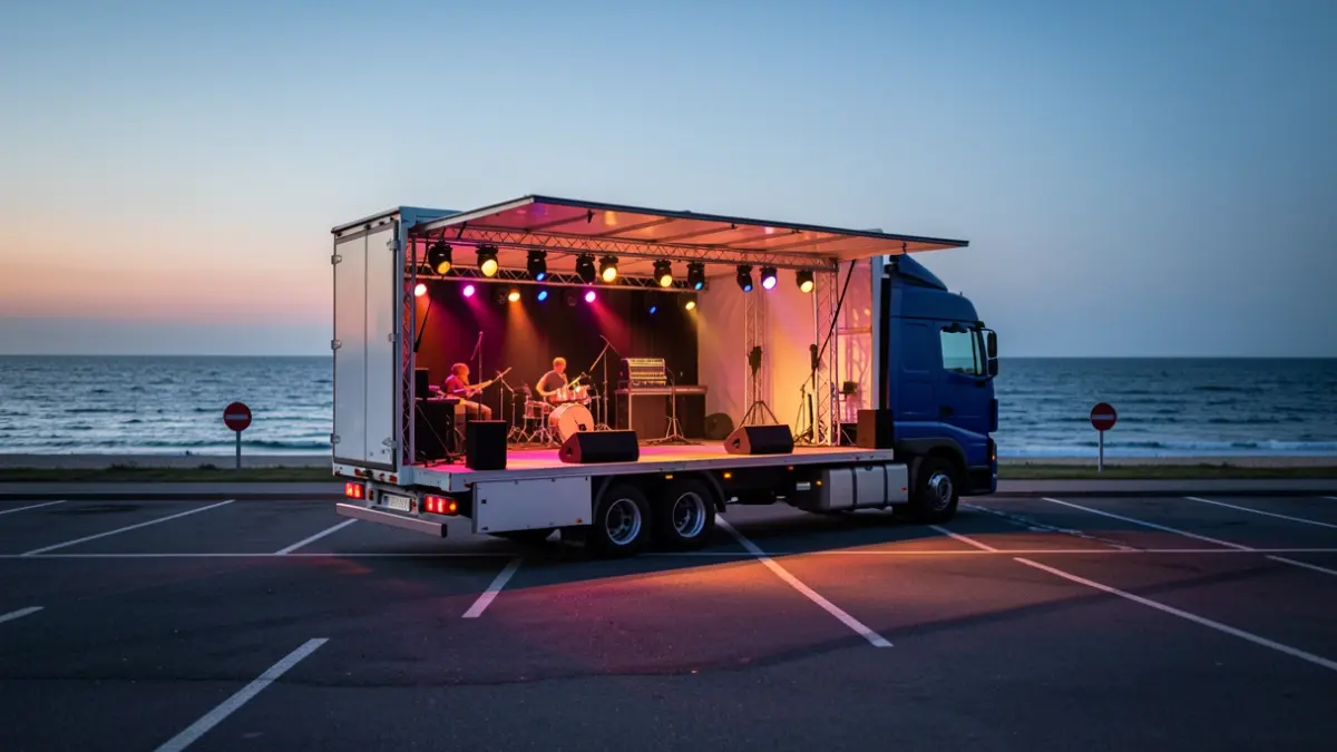 The mobile stage 'La Carroza del Real' set up at Playa de Poniente in Motril for an opera and zarzuela concert.