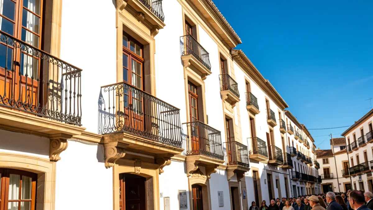 Fachada de un ayuntamiento andaluz con balcones ornamentados y paredes blancas bajo el sol.