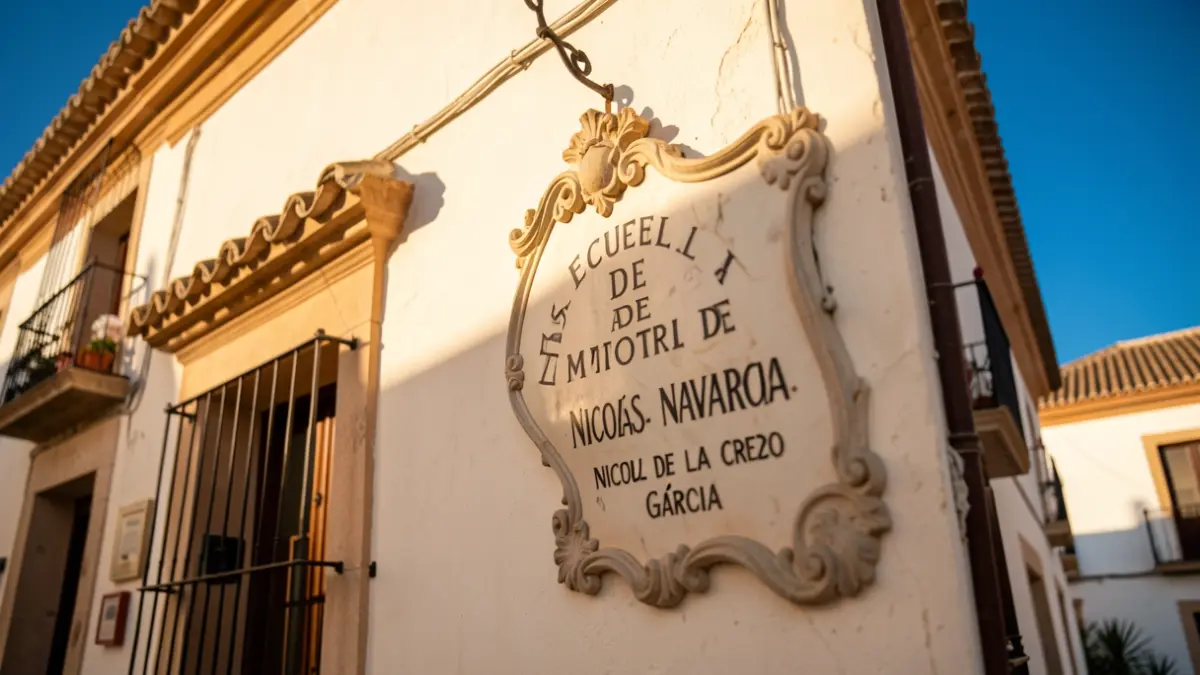 Fachada de la Escuela de Artes de Motril con una placa conmemorativa en la Plaza de la Cruz Verde.