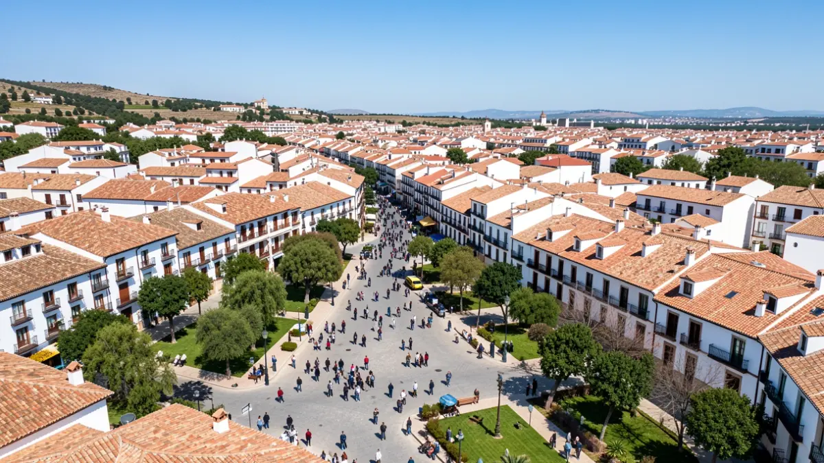 Vista aérea genérica de una ciudad andaluza con edificios blancos y tejados rojos.