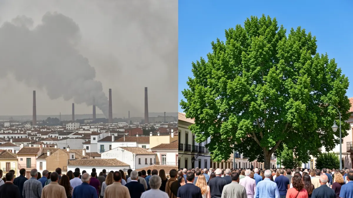 Split image: polluted sky with industrial chimneys and a blue sky with green trees.