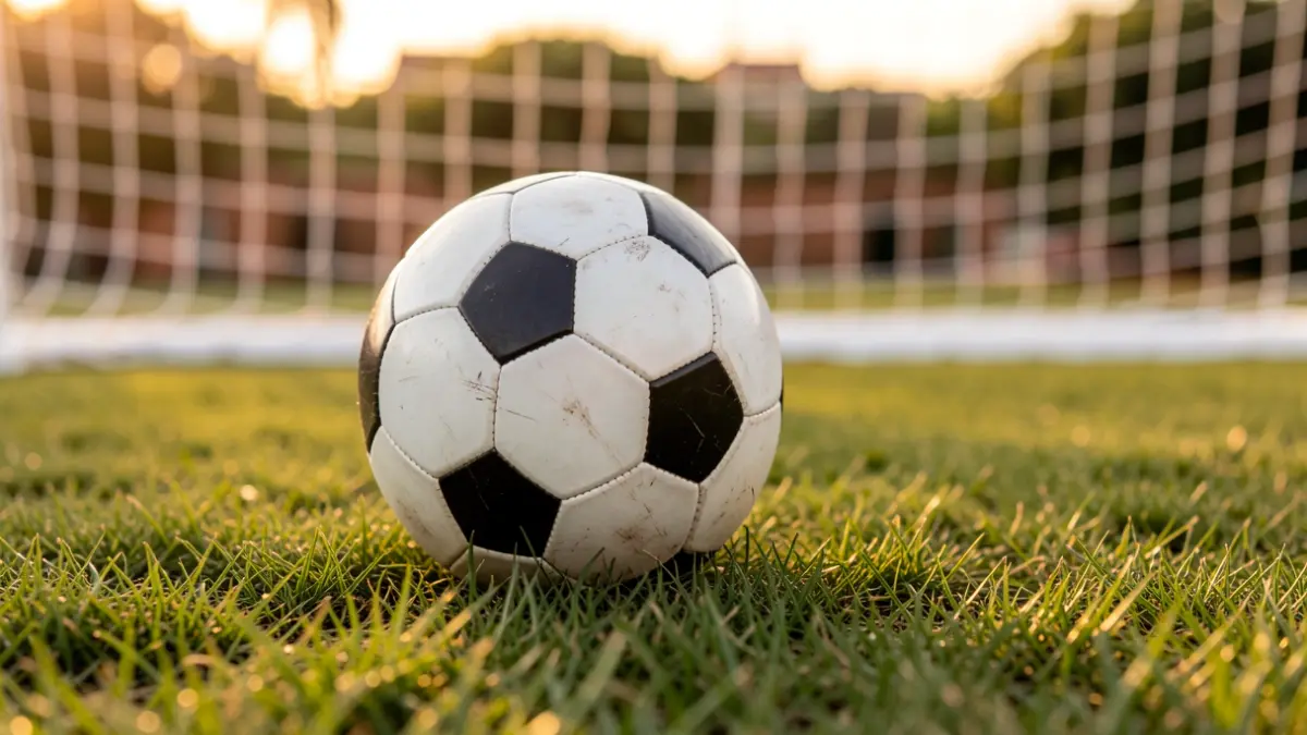 Generic image of a soccer ball on grass with a blurred goal net in the background.