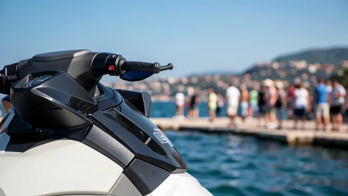 Close-up of a jet ski's stern with the Málaga coastline and blue sky in the background.