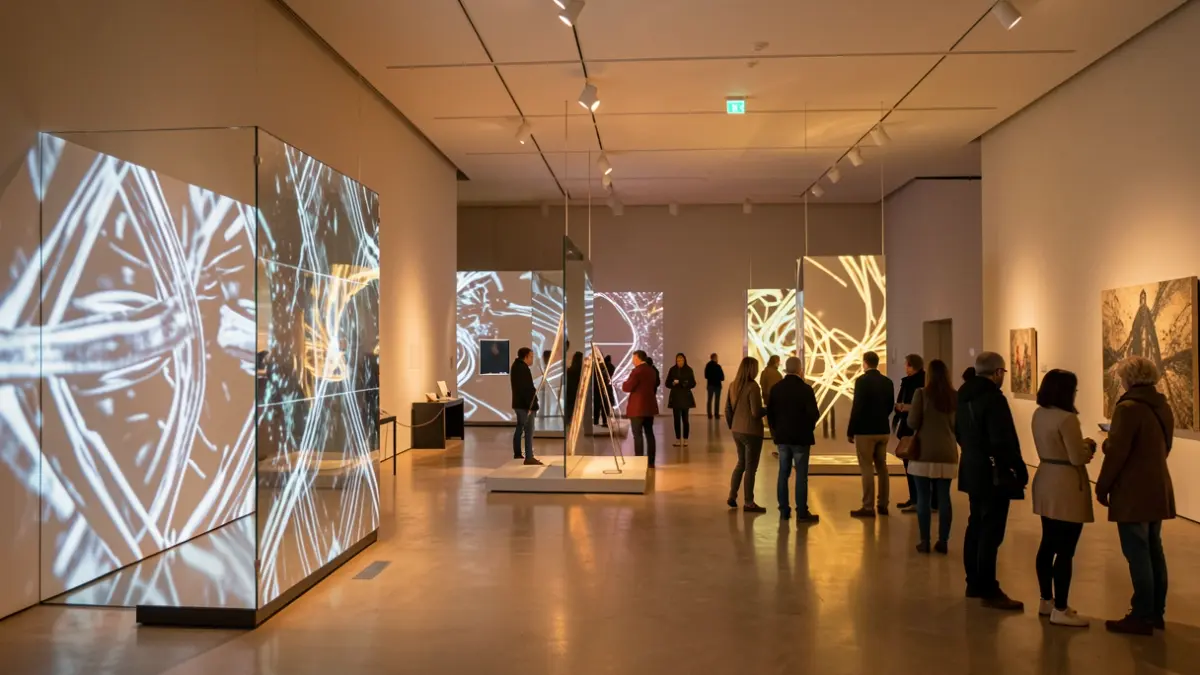 Interactive art installation with light projections and reflective surfaces in a museum.