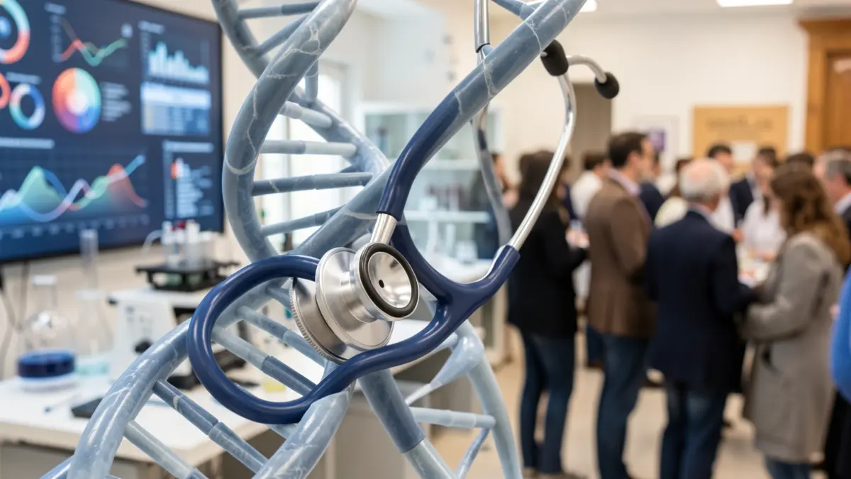 Close-up of a DNA double helix intertwined with a stethoscope, against a background of medical research equipment.