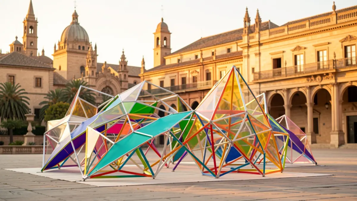 Representación abstracta de arquitectura efímera y arte contemporáneo en Córdoba.