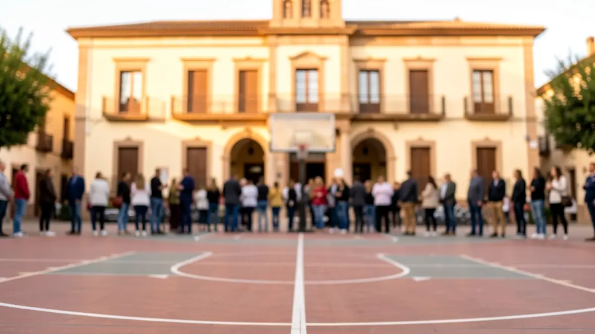 Pista de baloncesto con el Ayuntamiento de Lucena al fondo.