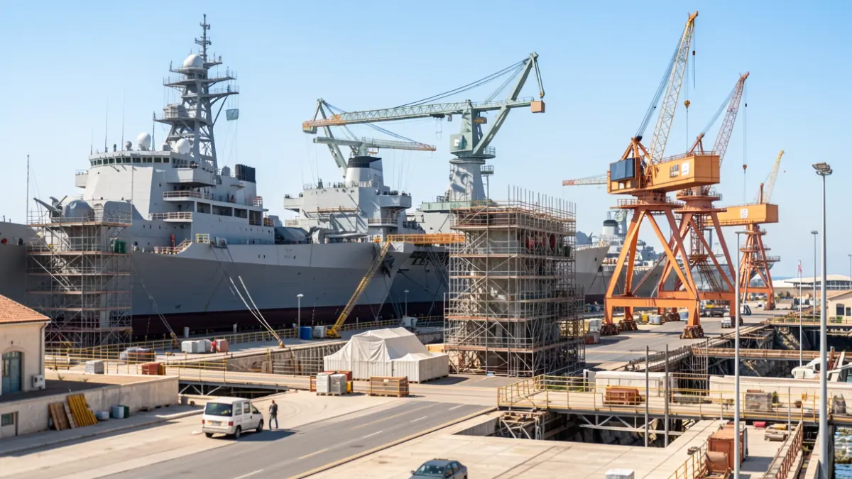 Generic image of a shipyard with ships under construction.