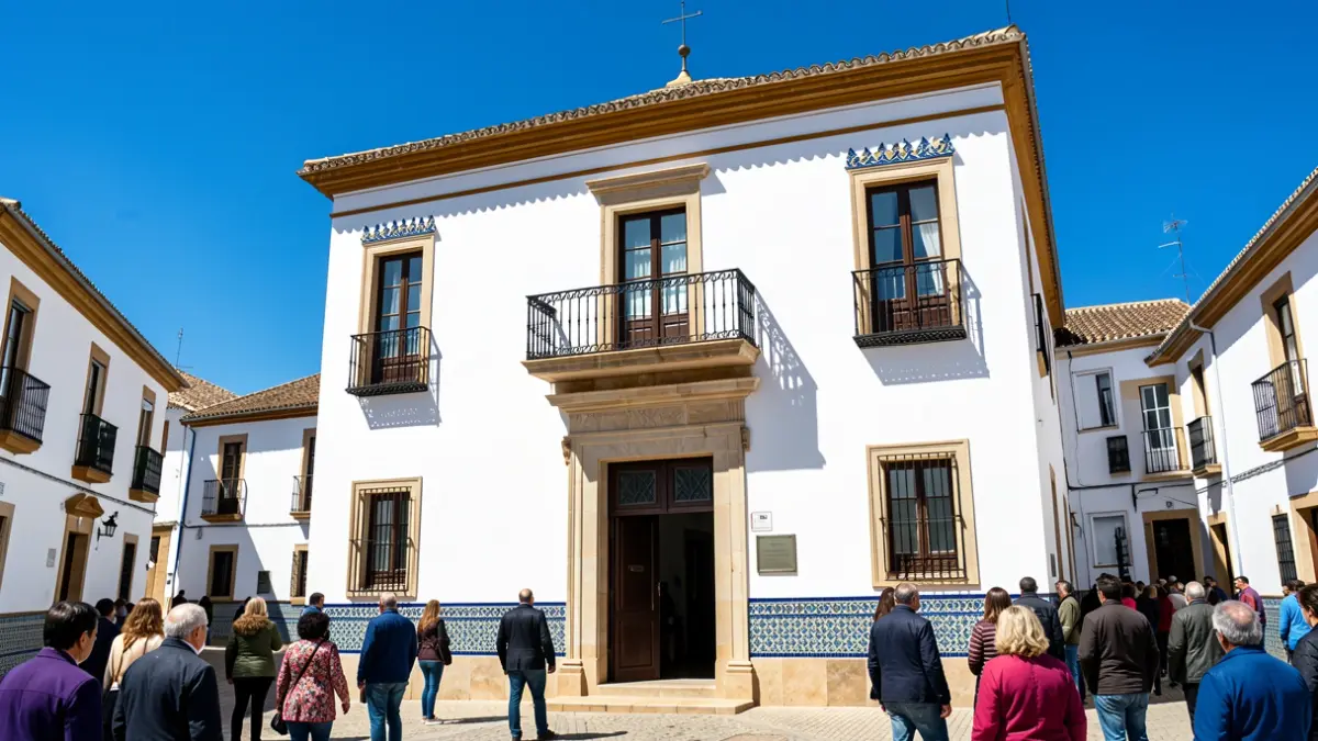 Facade of a white Andalusian town hall with a balcony and tiled details under a bright blue sky.