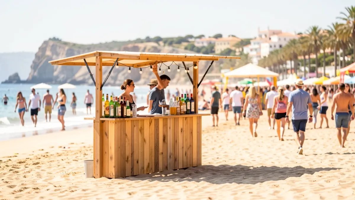 Imagen genérica de una playa en Nerja con un puesto de bar temporal.