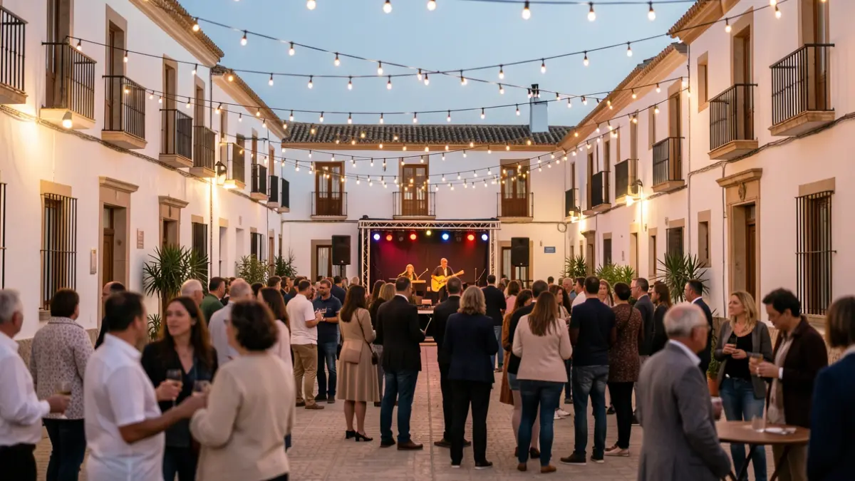 Generic image of an Andalusian plaza lit by festive lights at dusk, with a stage set for a musical event.