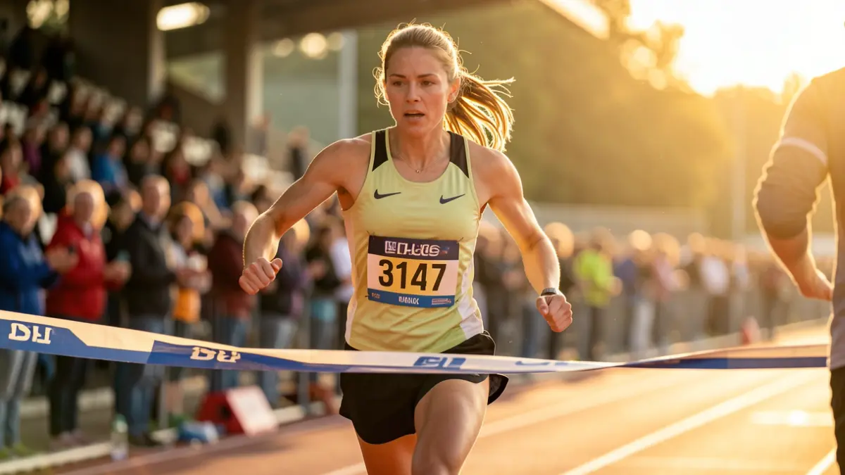 Atleta cruzando la meta en una competición deportiva.