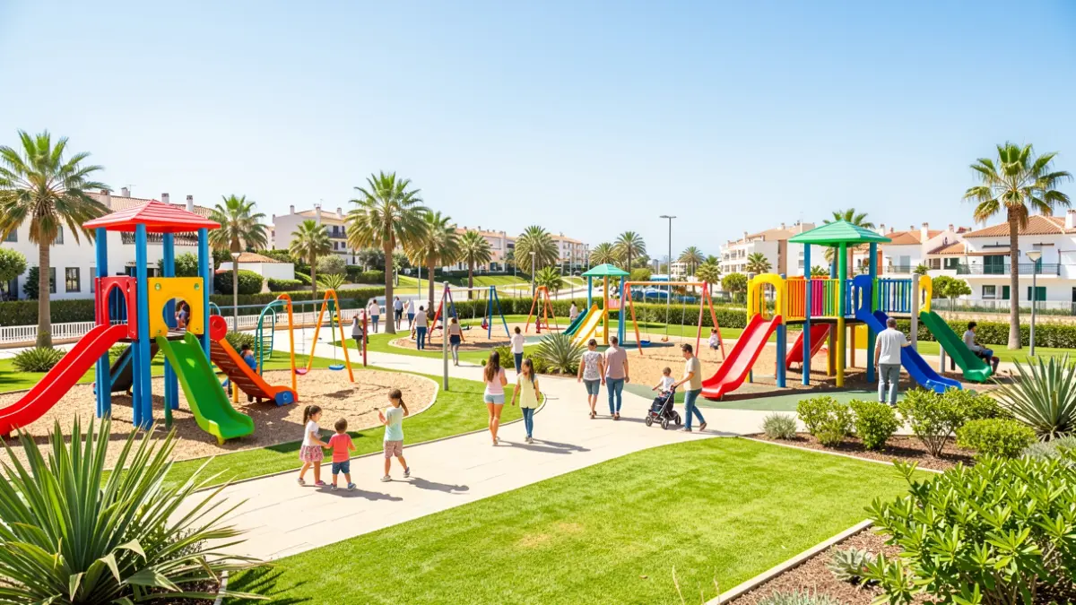 New children's playground in Nerja with colorful games and green areas.