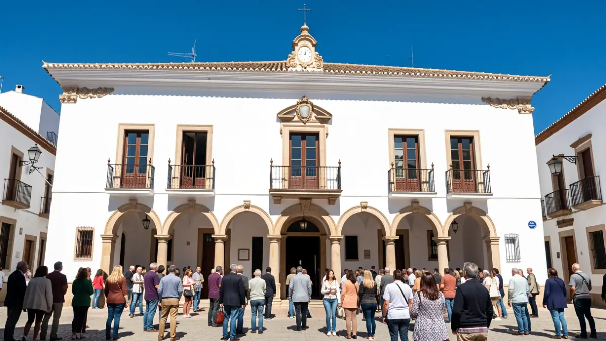 Facade of a white Andalusian town hall with arches and a balcony, under a clear blue sky, bright sunlight casting sharp shadows.