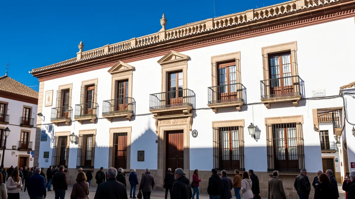 Facade of an Andalusian municipal building with a balcony and stone details.