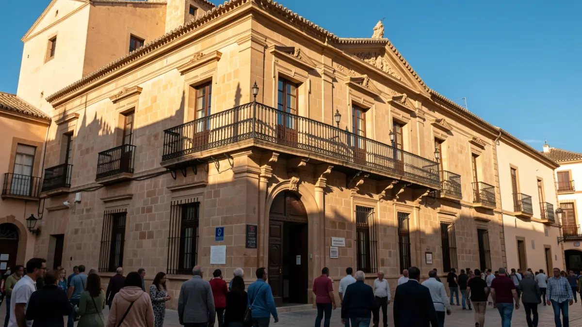 Fachada de un ayuntamiento andaluz con balcón y barandillas de hierro, bajo la luz del sol de la tarde.