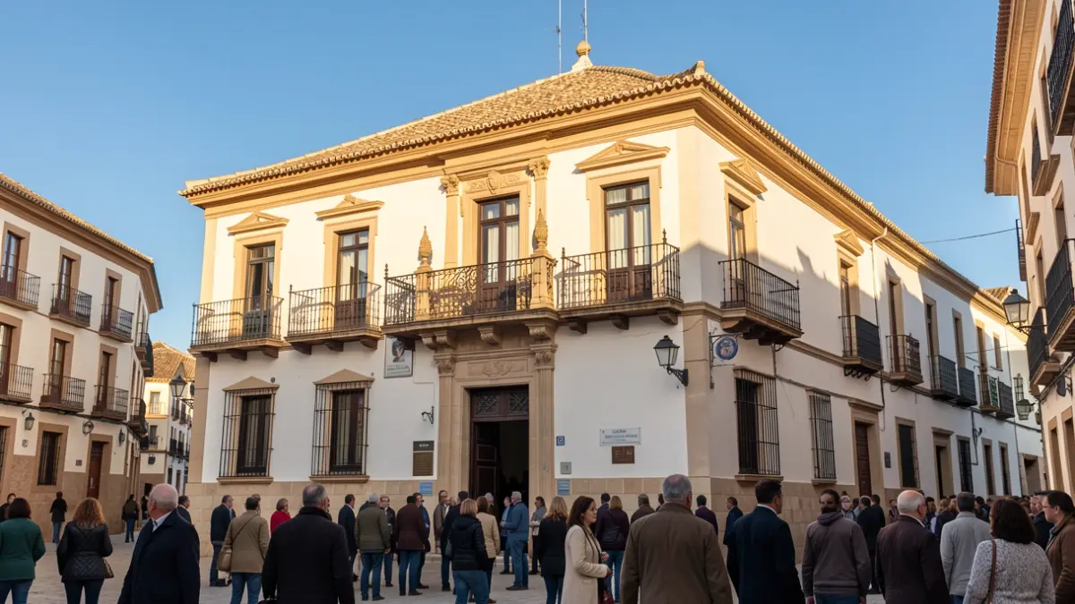 Facade of the Níjar Town Hall with ornate balconies and iron railings, under the afternoon sunlight.