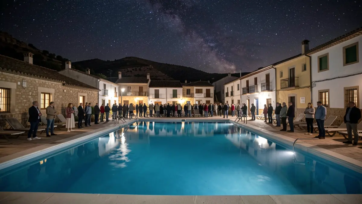 El Bosque municipal swimming pool at night, under the stars.
