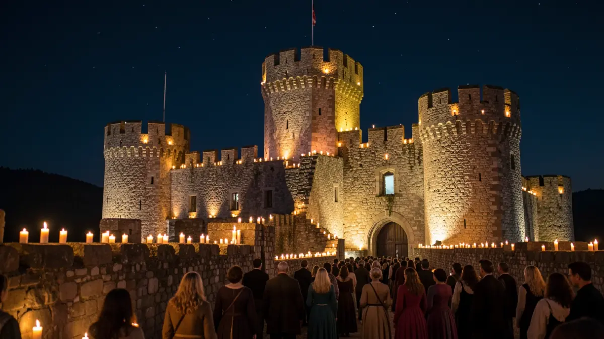 Castle illuminated by thousands of candles at night.