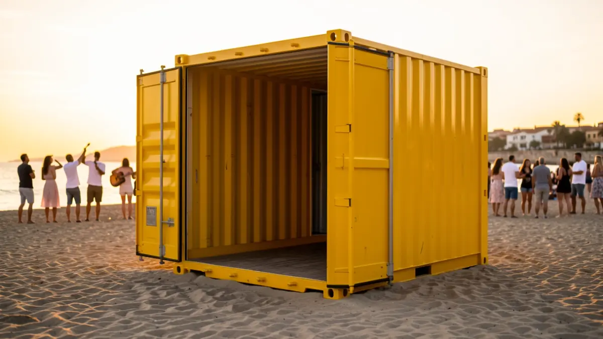 Contenedor amarillo transformado en escenario en la playa de Vera al atardecer.