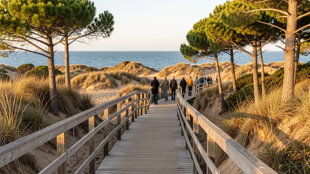 Pasarela de madera que recorre dunas y pinares hacia el mar en Huelva.