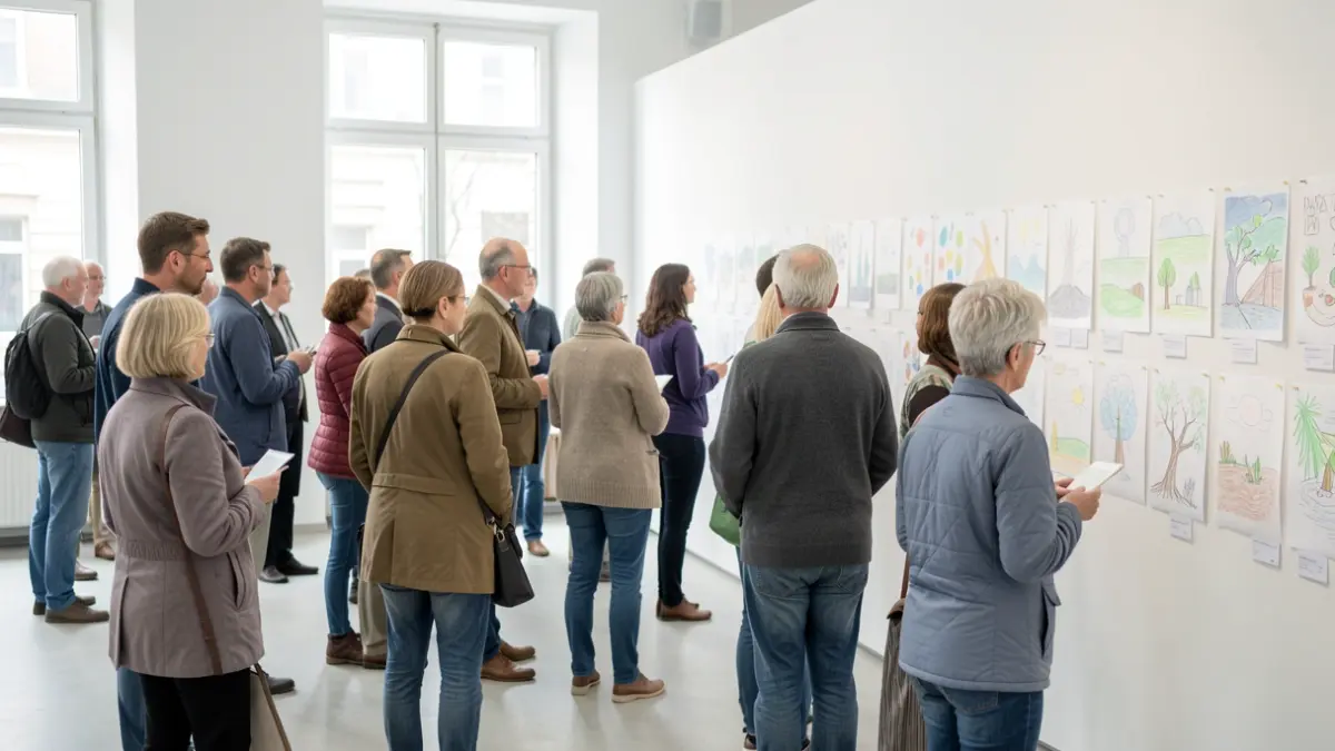 Imagen genérica de personas observando dibujos en una exposición.