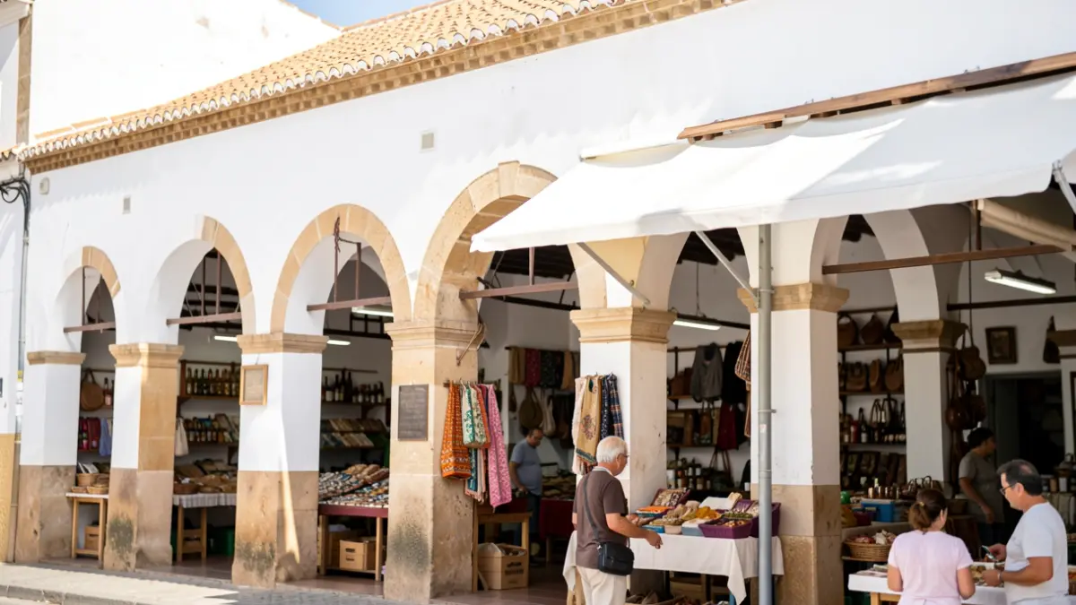 Fachada de un mercado municipal en Andalucía con arcos y paredes blancas.