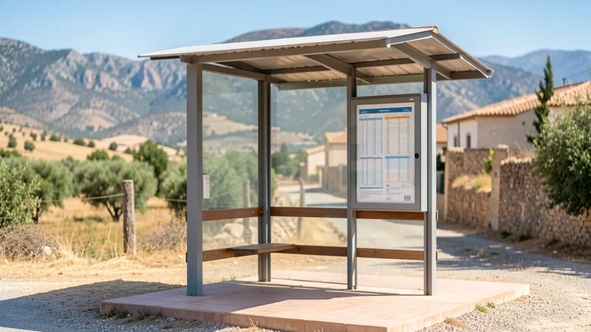 Parada de autobús en un día soleado en un pueblo andaluz rural con montañas al fondo.