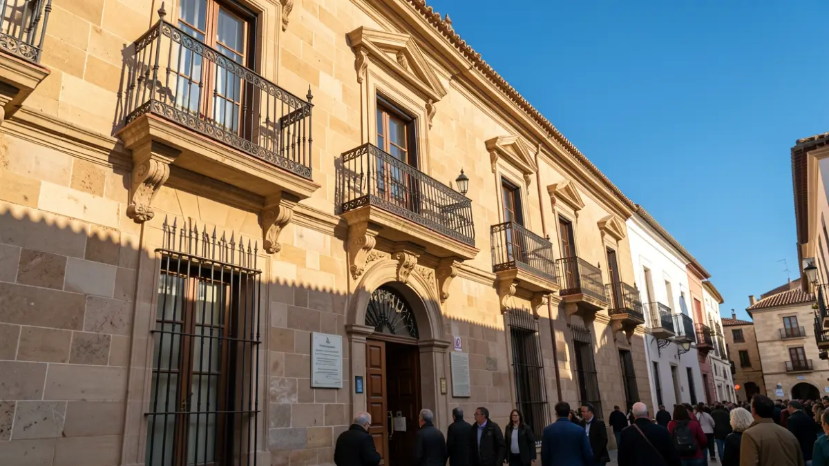 Fachada de un ayuntamiento andaluz con balcón y barandillas de hierro, luz de sol de la tarde.