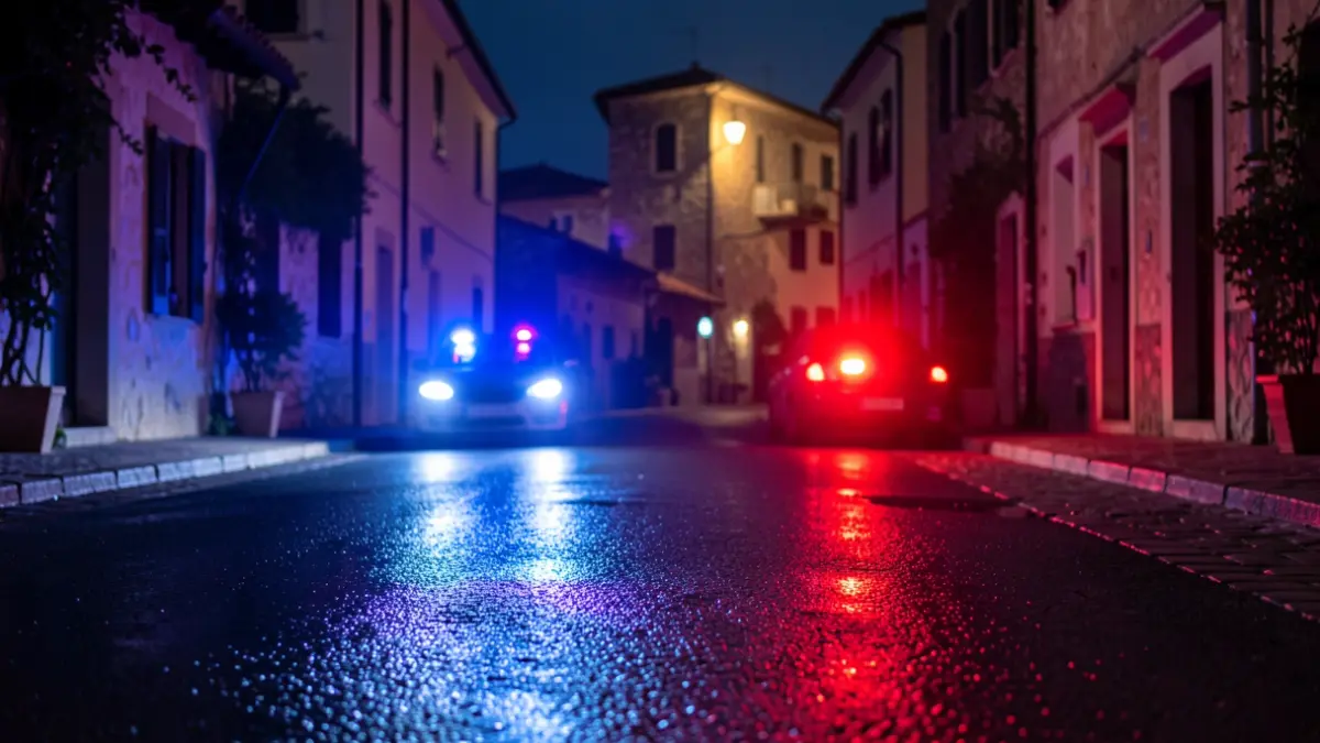 Imagen genérica de luces de emergencia policiales reflejadas en el asfalto durante la noche.