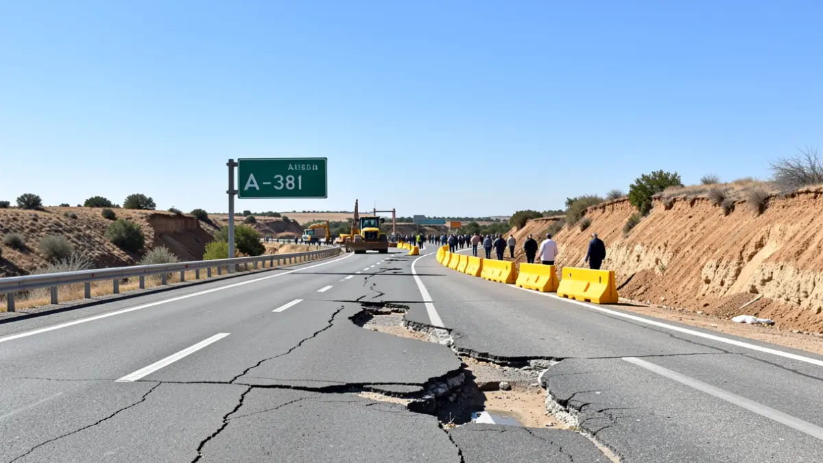 Emergency roadworks on the Jerez-Los Barrios highway due to storm damage.
