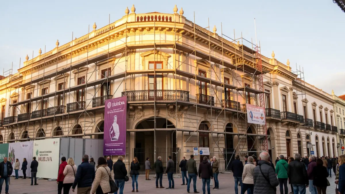 Fachada de la sede de la Subdelegación del Gobierno en Huelva, con obras de rehabilitación paralizadas.