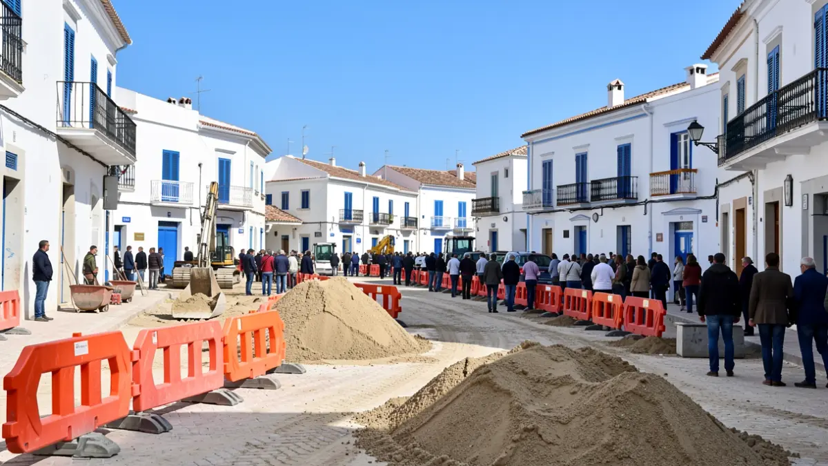 Street reurbanization works in La Cala del Moral with machinery and construction barriers.