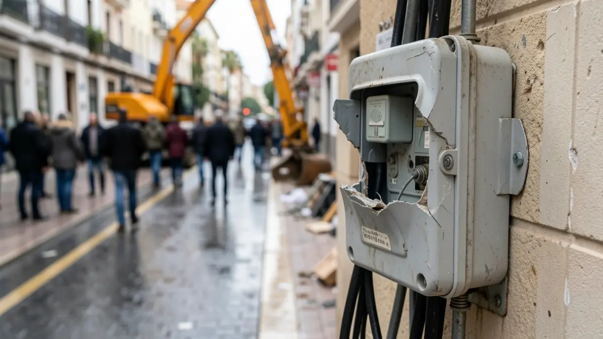 Imagen de una caja de cableado telefónico dañada en una calle de Málaga.