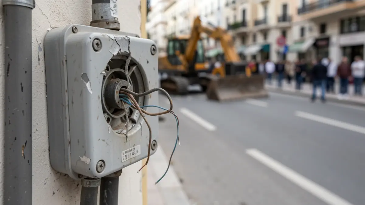 Caja de cableado de telefonía dañada en Málaga por obras del metro.