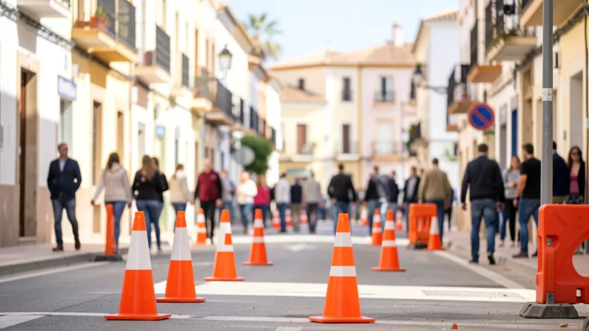 Imagen genérica de obras en una calle de Almería con señalización de tráfico.