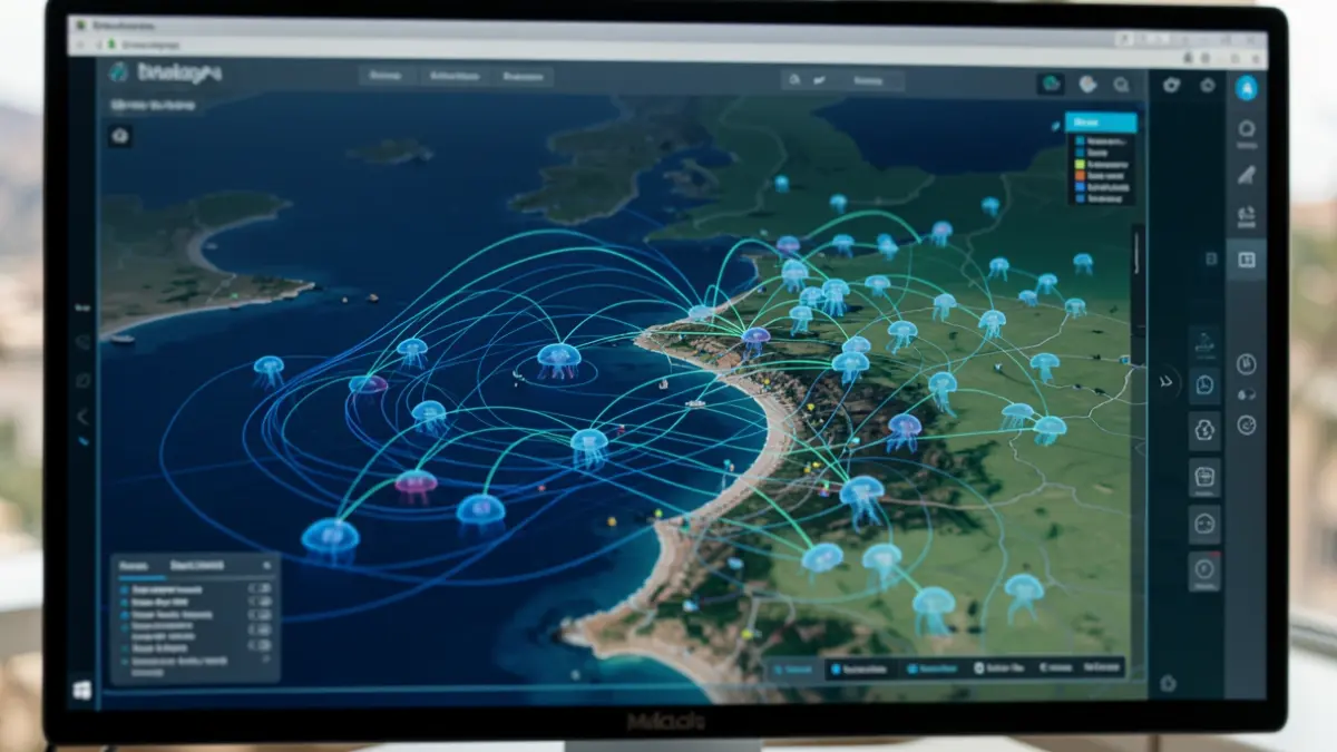 AI network interface predicting ocean currents and jellyfish on the Málaga coast.