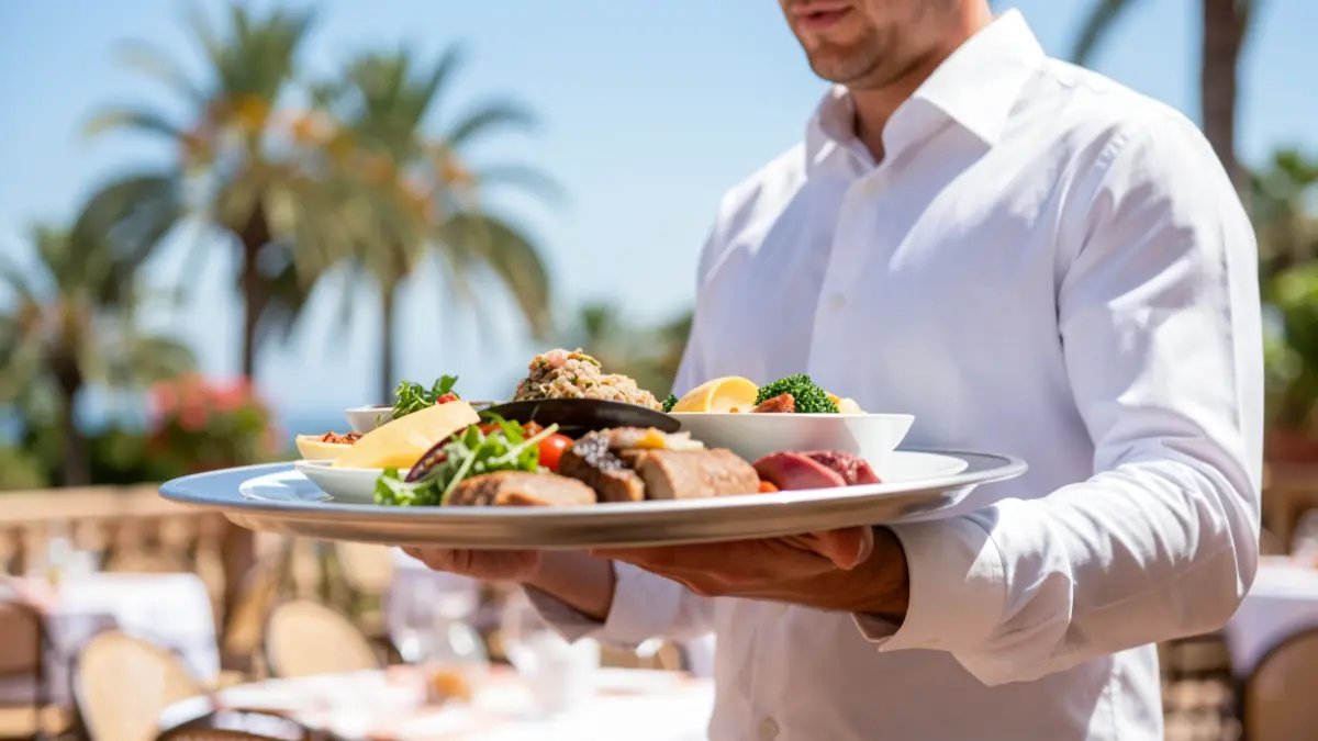 Camarero sirviendo comida en un restaurante al aire libre en Andalucía.