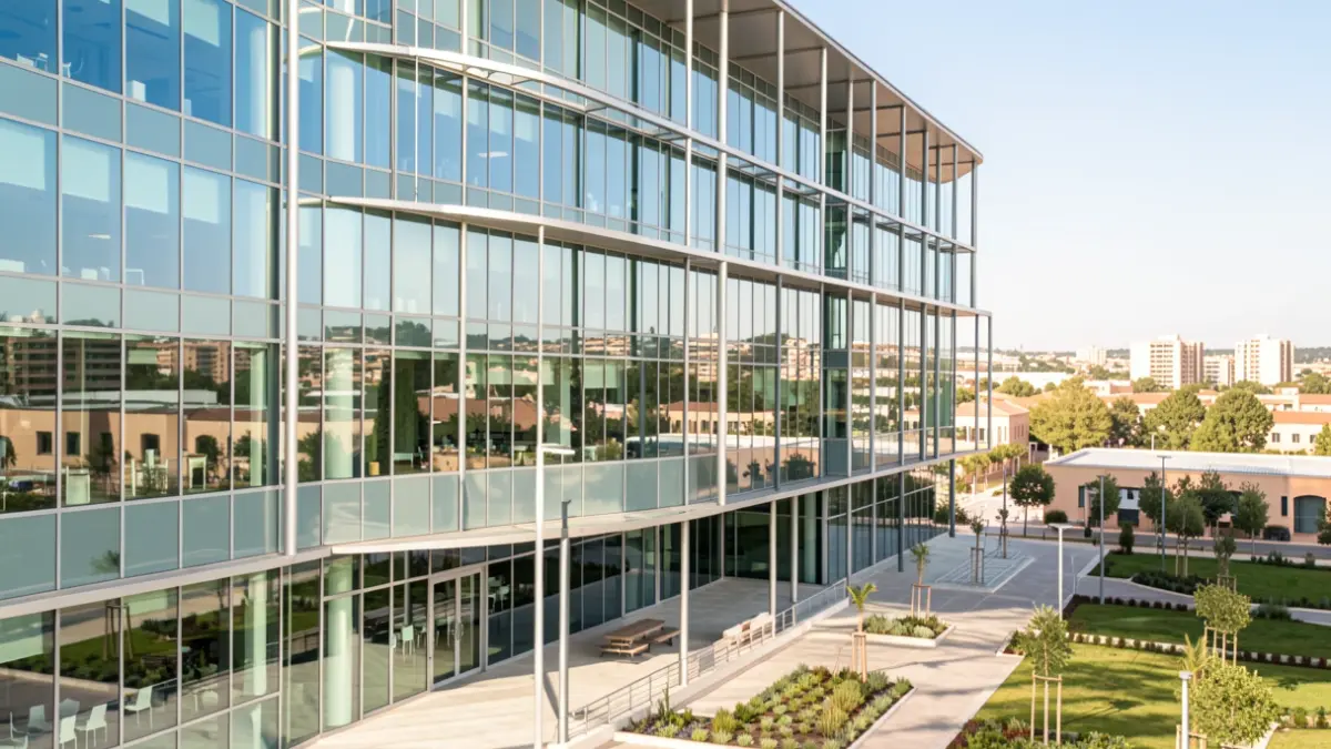 Facade of a modern office building in Sevilla TechPark, La Cartuja.