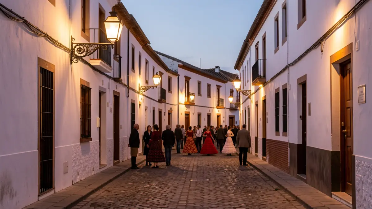 Calle de un pueblo blanco andaluz al atardecer con faroles y luz cálida.