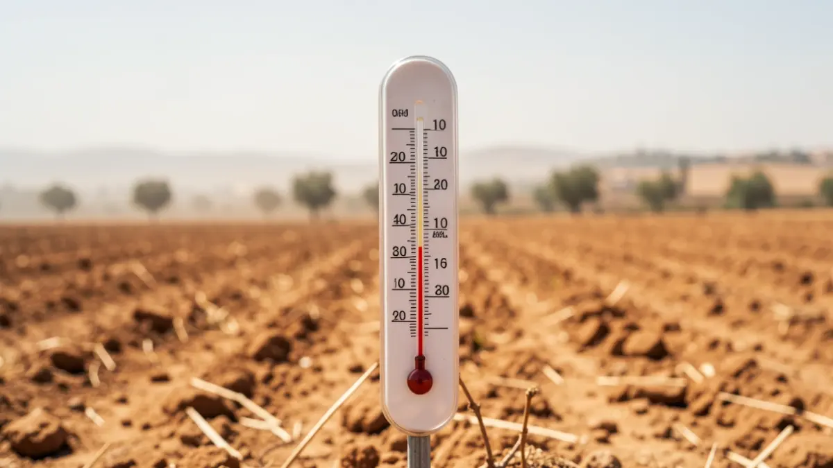 Thermometer showing high temperature in a dry, sunny Andalusian landscape.
