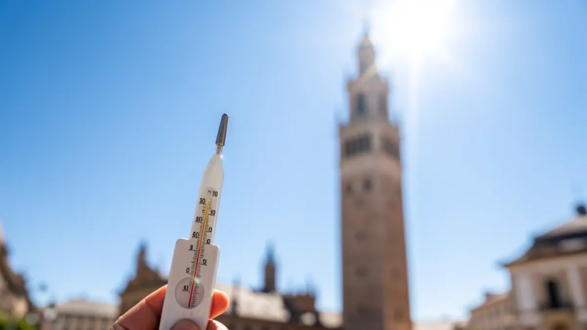 Thermometer showing high temperature with the Giralda of Seville in the background under an intense sun.
