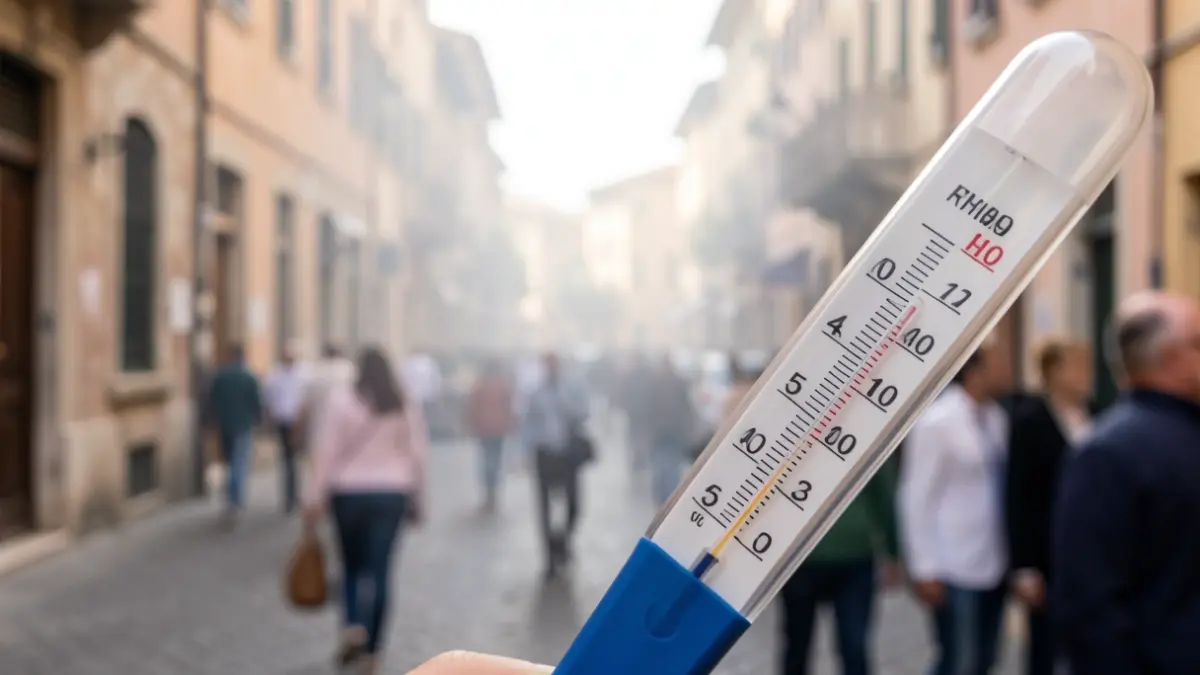 Thermometer showing high temperature on a Mediterranean city street.