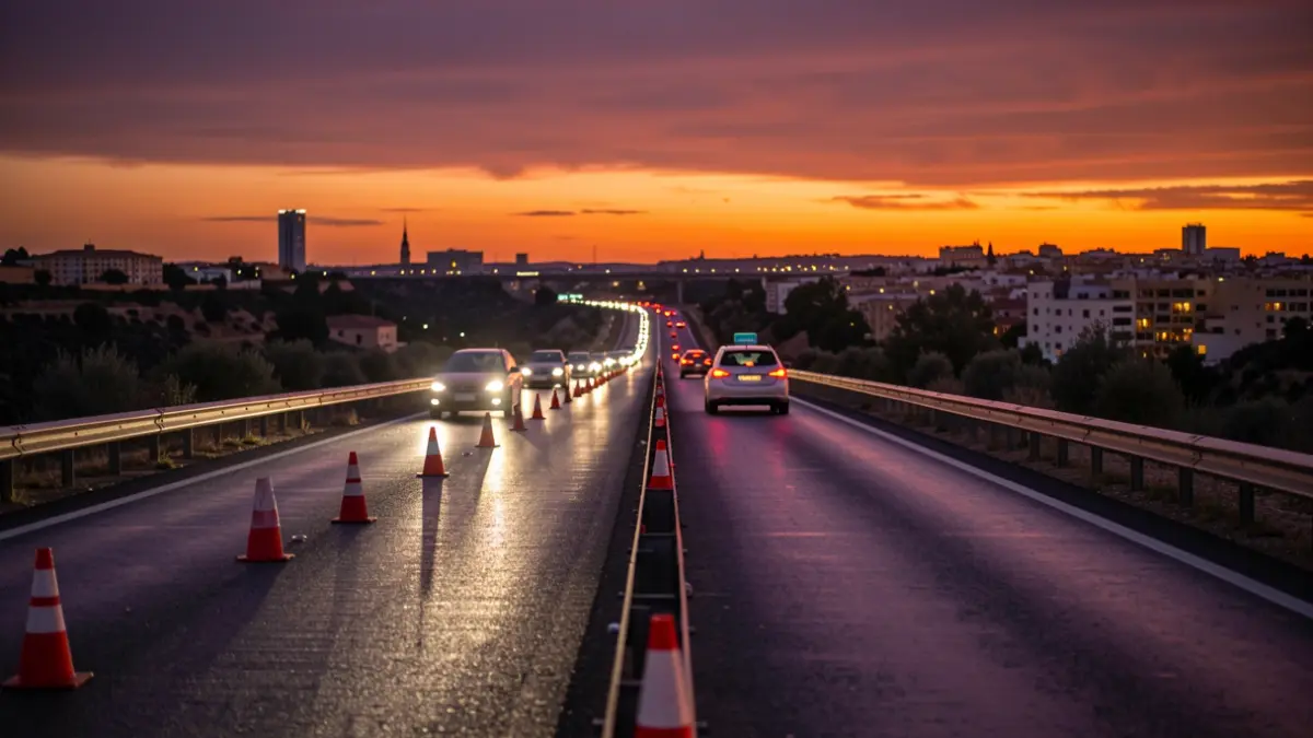 Imagen genérica de una autopista andaluza al atardecer con conos habilitando un carril extra para el retorno de vacaciones.