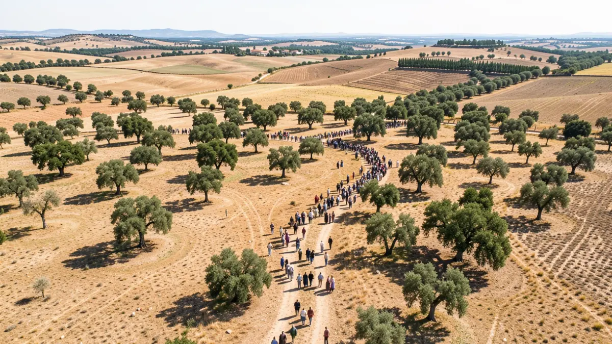 Paisaje rural de la comarca de Los Pedroches con encinas y colinas bajo la luz del sol.
