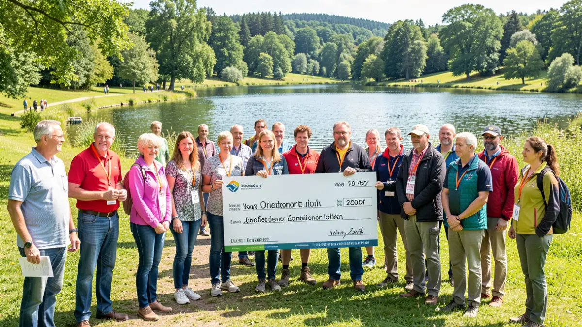 Imagen de una carrera de orientación solidaria donde se entrega un cheque para la investigación de la leucemia infantil.
