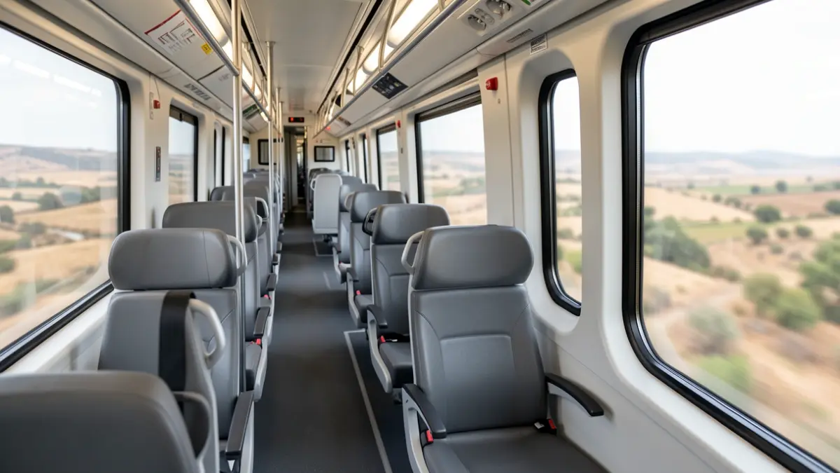 Interior de un tren de alta velocidad con asientos vacíos y vista borrosa del paisaje español.